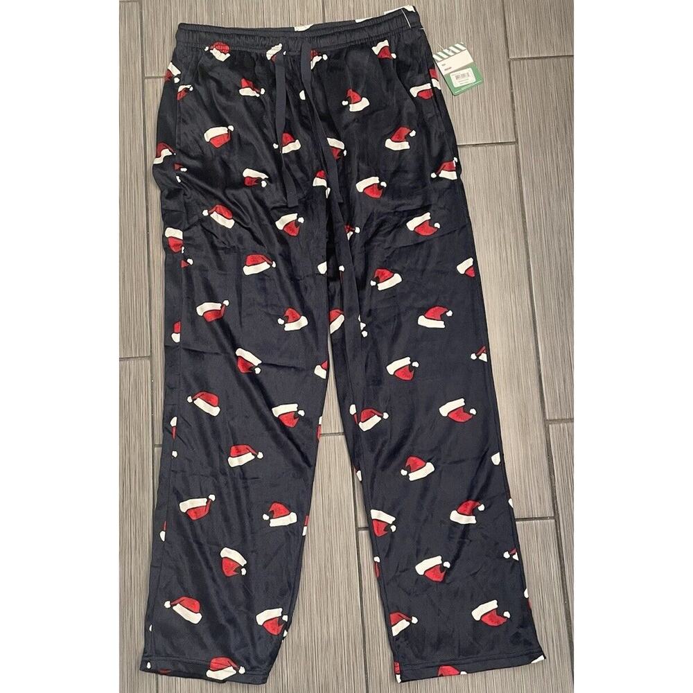 Basic Resources Santa Hat Navy Pajama Mens Pants Size Large NWT Velour Holiday